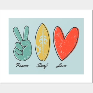 Peace, Surf, Love, finger peace sign, surfboard, Heart Ribbon Posters and Art